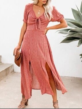 Unique Vintage Red + White Tie Front Midi Dress by Hayden Size S Prairie